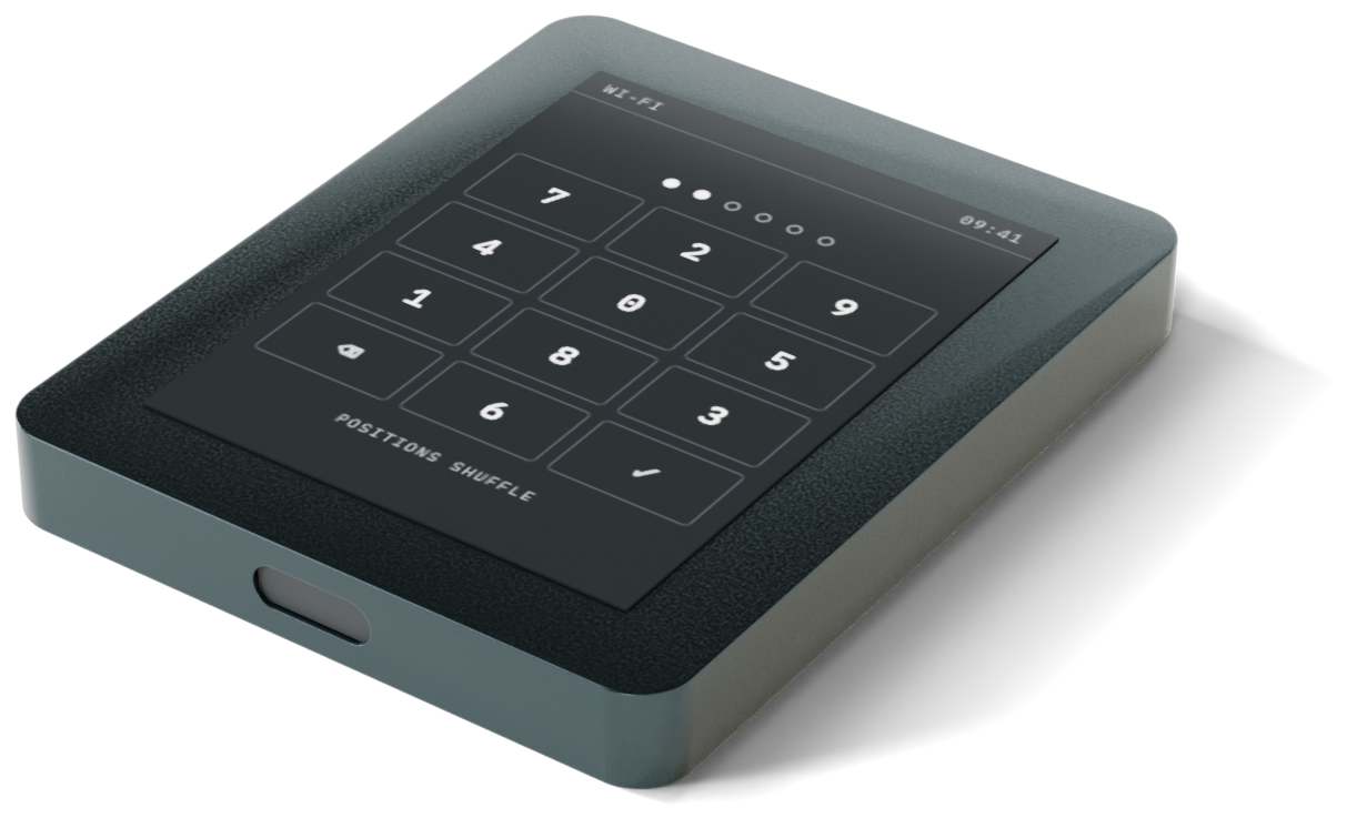 Graf One, a small anodised aluminium terminal, screen showing a scrambled PIN keypad.